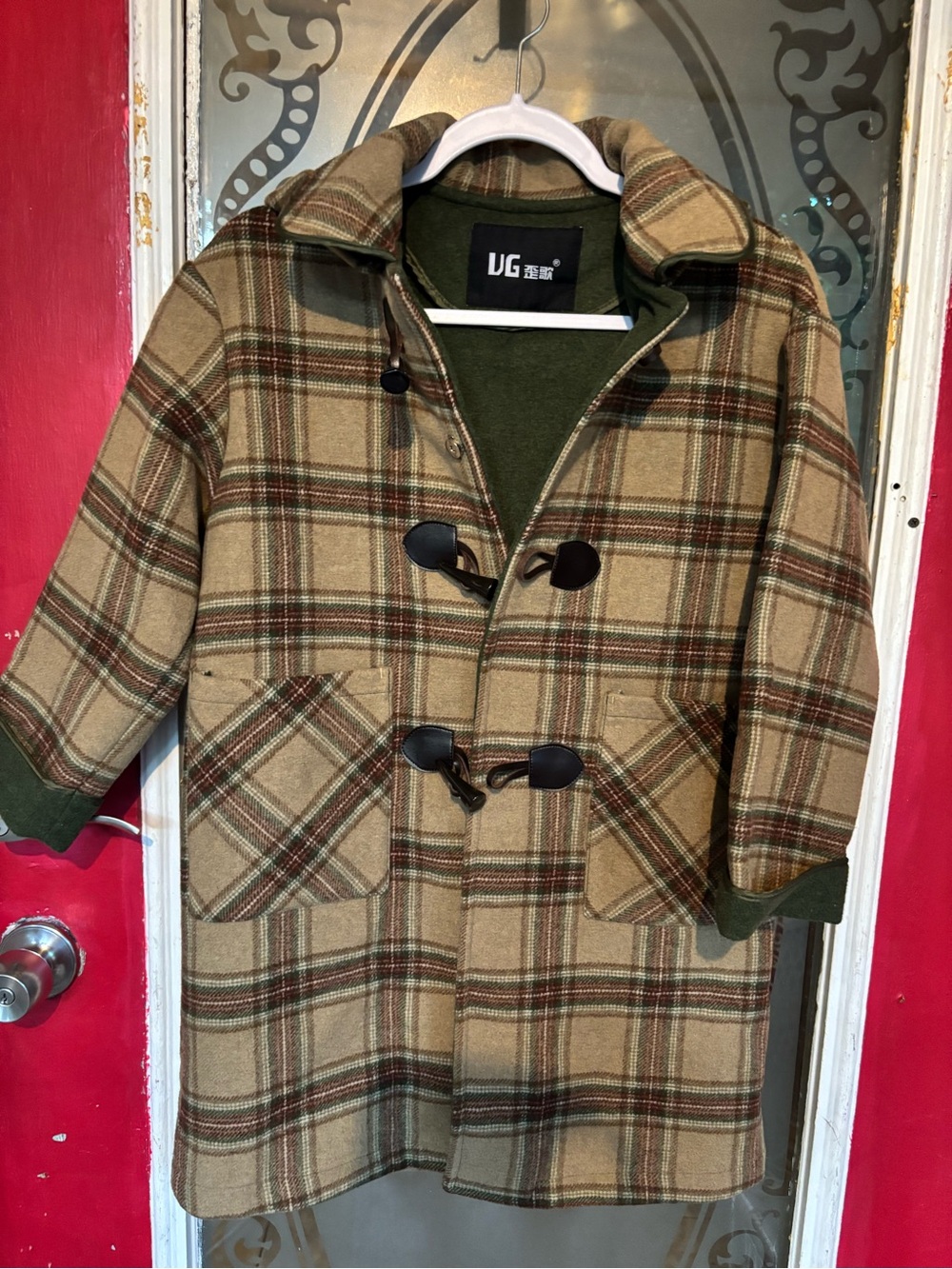 Plaid Toggle Pea Coat in Tan and Green, Women’s